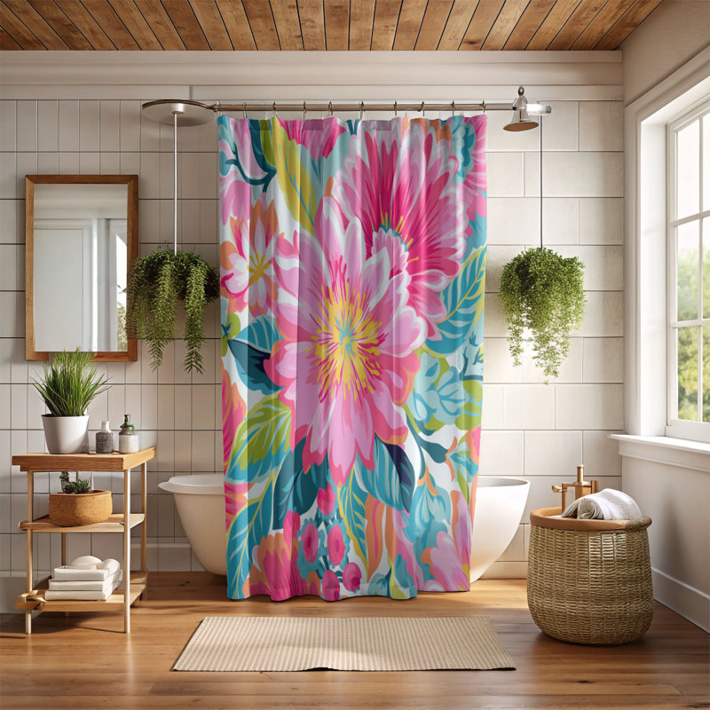 Rideaux de douche 1 pièce à motifs floraux roses, H 74 po x l 71 po