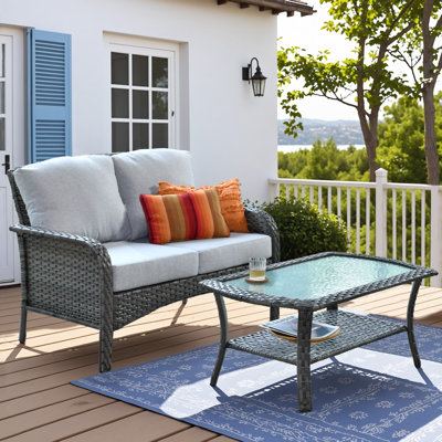 Allcot 2 - Person Outdoor Wicker Sofa with Glass Coffee Table, All Weather High Back Rattan Loveseat Couch with Comfy Cushions