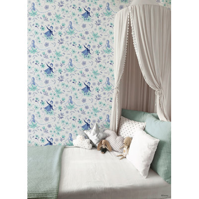 Frozen 2 Anna and Elsa Floral Teal Peel and Stick Wallpaper