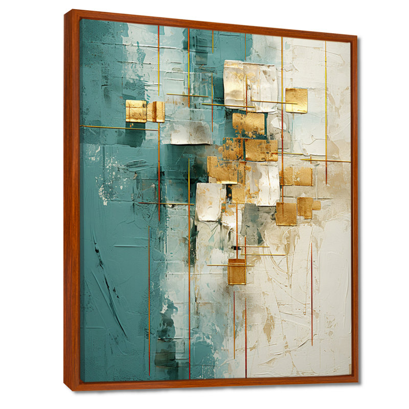 «California Sunshine Retro Abstract Gold Teal», reproduction d'art sur toile, H 32 po x l 24 po x P 1 po, Cadre flottant brun