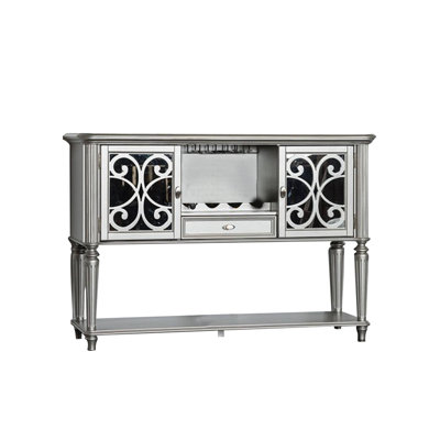 Hixe Sideboard Buffet W Wine Rack, Silver Wood, Fluted Legs, 60 Inch