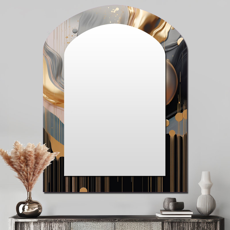 Gold and Black Mystic MÚlange III - Abstract Shapes Arch Decorative Mirror, Modern Asymmetrical Large Wall Mirror, Printed Metal Art