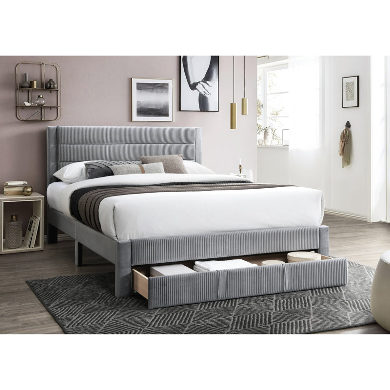 Grand lit moderne - Tête de lit en velours côtelé gris et bac de rangement sous le lit avec base de lit, Gris