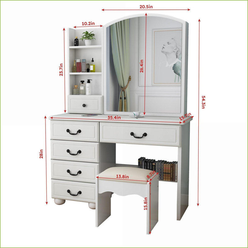 Meuble-lavabo avec miroir et lumières, ensemble de meuble-lavabo classique blanc neige avec éclairage 3 couleurs, 6 tiroirs, assemblage facile | Panneau de fibres à densité moyenne | Tabourets de coiffeuse