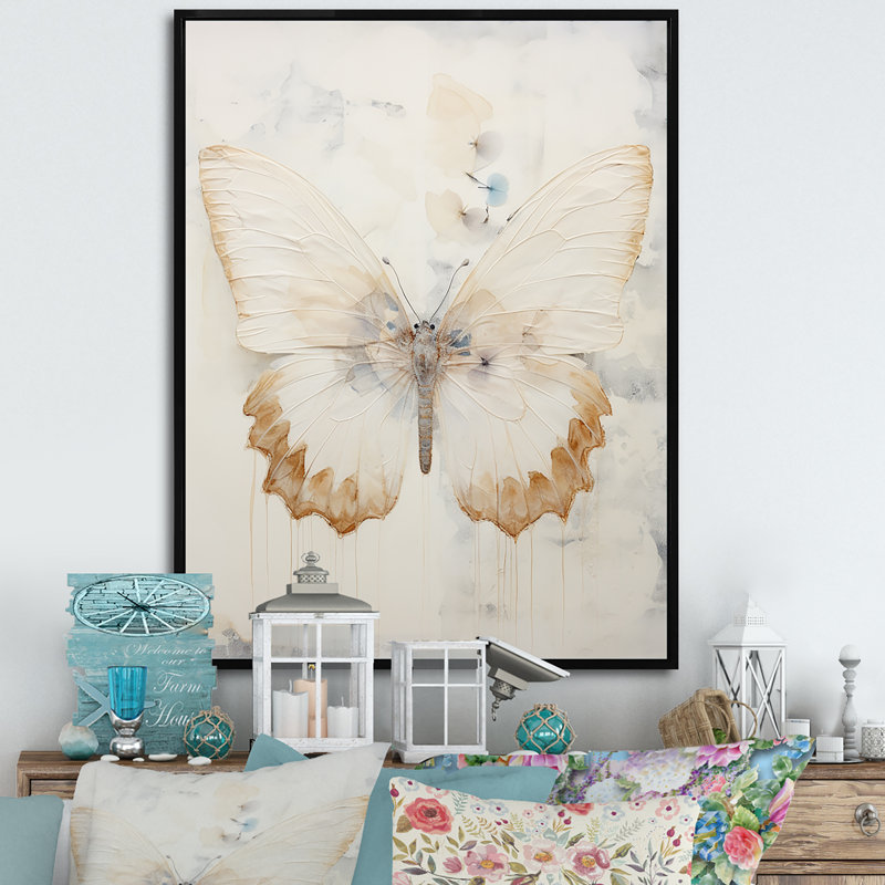 «Minimalisme beige papillon I», reproduction sur toile, H 20 po x l 12 po, Cadre flottant noir