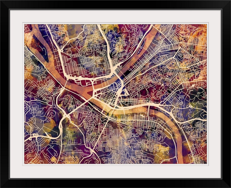 «Pittsburgh Pennsylvania Street Map» par Bellen, impression, Cadre noir, H 35 po x l 44 po x P 1 po