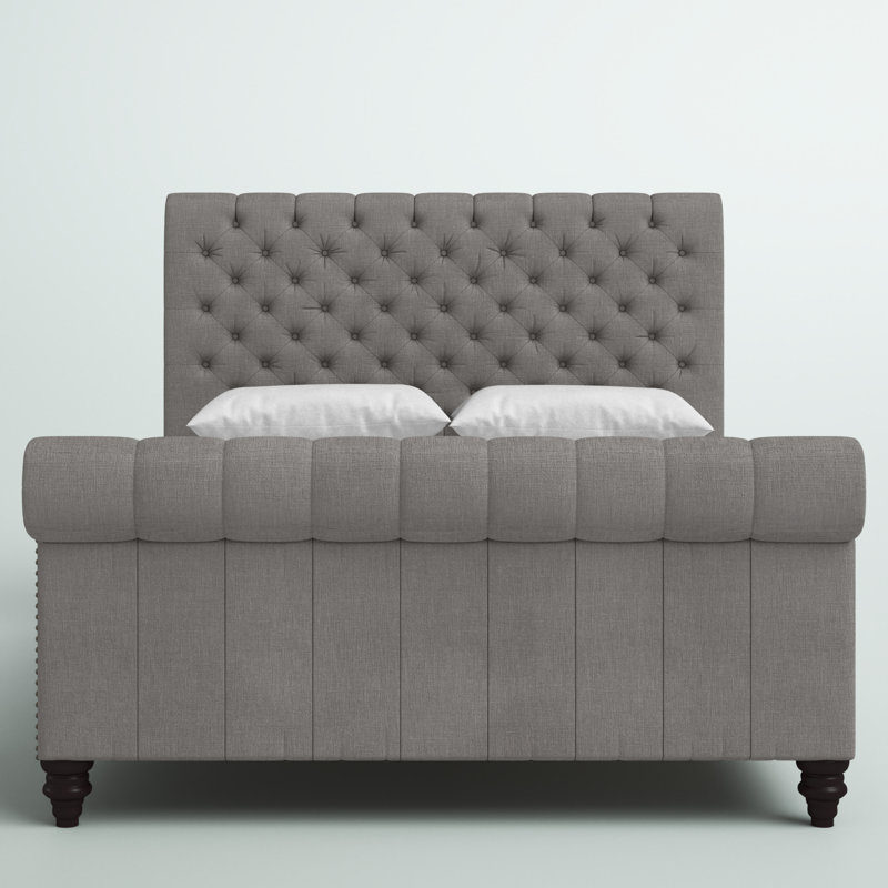 Gray Upholstered Queen Platform Bed with Tufted Headboard and Nailhead Trim