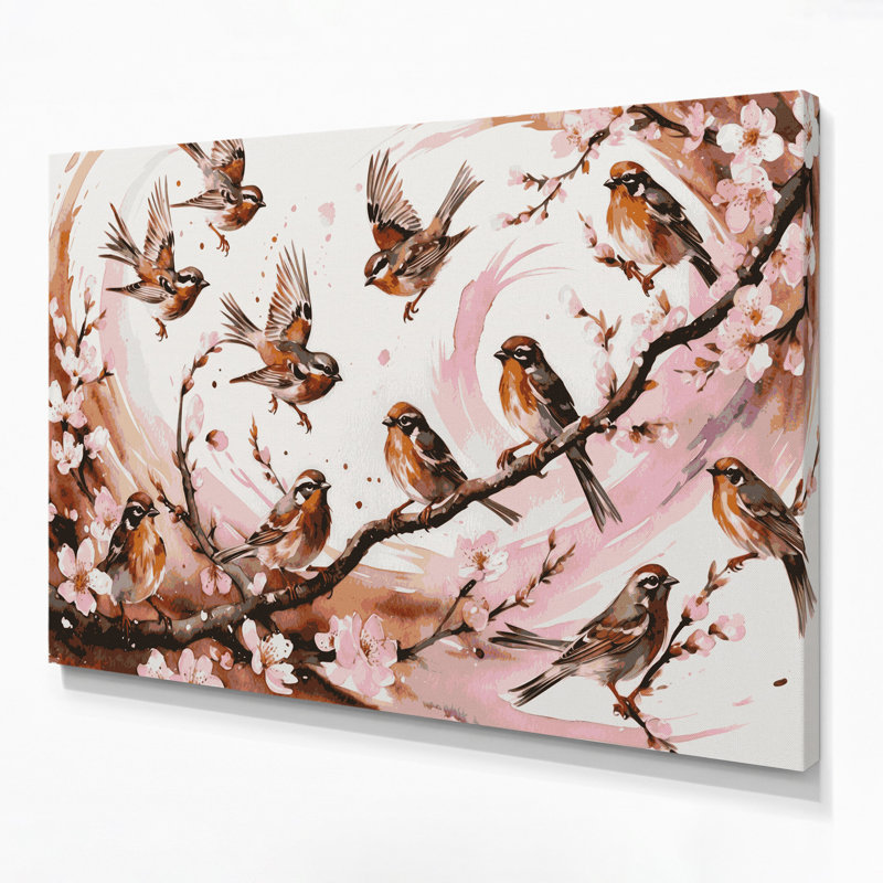 Oiseau, moineau, toile blanche, H 24 po x l 36 po