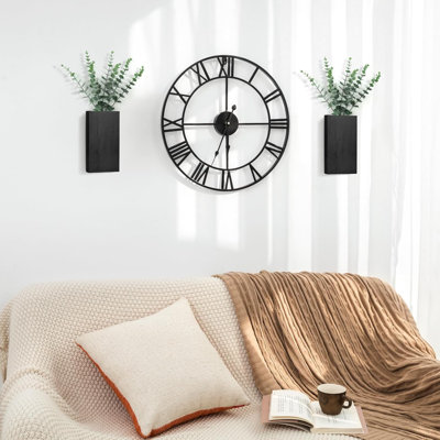 Paquet de 2 vases à fleurs muraux en bois avec eucalyptus artificiel ferme à suspendre au mur pour fleurs artificielles d'intérieur, salon, chambre à coucher, cuisine, bureau à domicile, noir