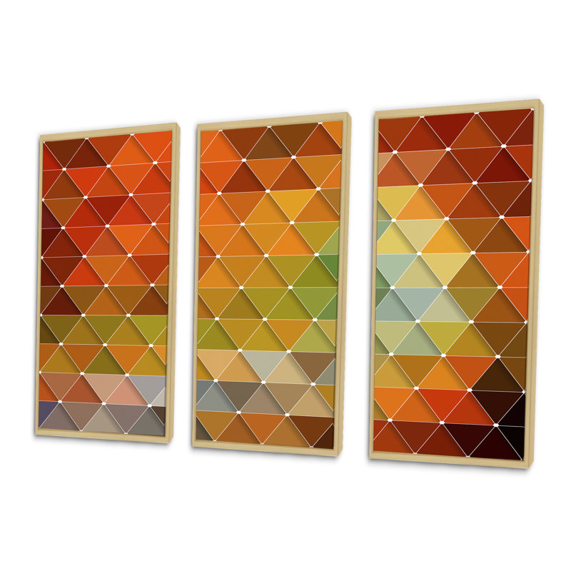Triangulaire géométrique rouge, gris et vert - ensemble de 3 reproductions sur toile flottante, H 28 po x l 36 po x P 1 po
