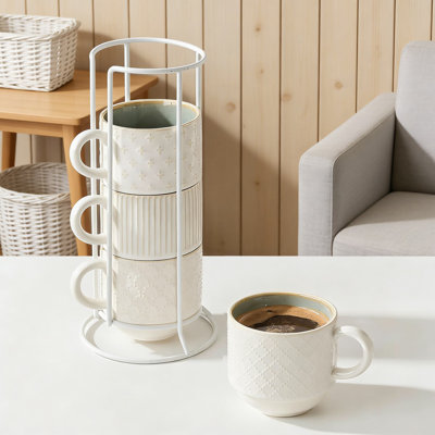 Stackable Ceramic Coffee Mugs Set Of 4 With Stand, 15 Oz Large Latte Cups With Unique Embossed Designs For Cappuccino, Tea, Hot Drinks - Dishwasher & Microwave Safe