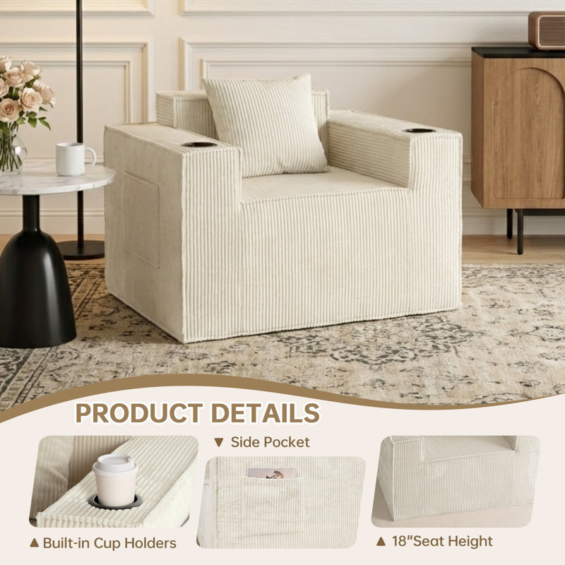 41.5" Boneless Cloud Sofa Chair, Corduroy Upholstered, 2 Cup Holders & Storage Pockets, No Assembly, for Living Room/Bedroom
