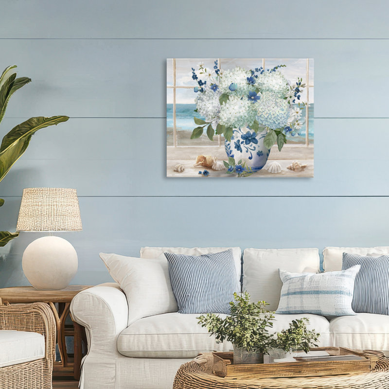 Bouquet d'hortensias de bord de mer en toile de fenêtre, design par Nan, H 24 po x l 30 po
