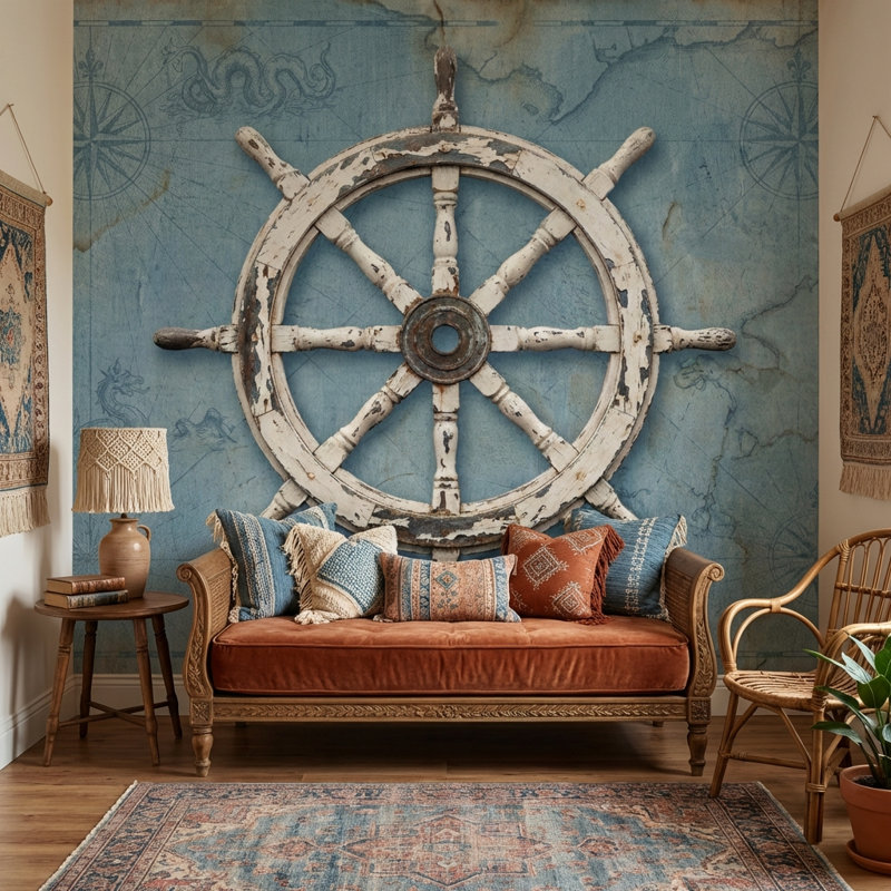 Papier peint nautique, décoration murale de roue de bateau rétro, 160 po x 108 po, Peler et coller