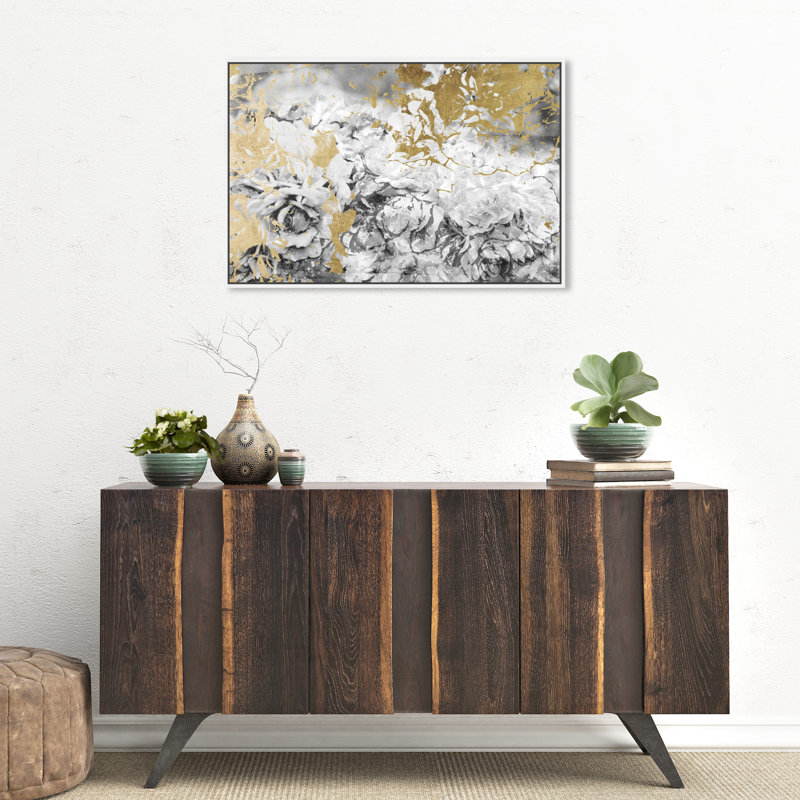 Argent et or camellias-impression d’art graphique sur toile tendue, H 24 po x l 36 po, Cadre blanc