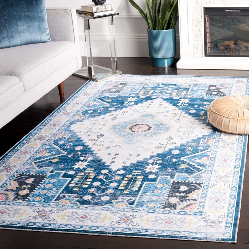 Arizona Bohemian Machine Washable Non-Slip Area Rug in Navy & Ivory, Rectangle 183 x 274cm