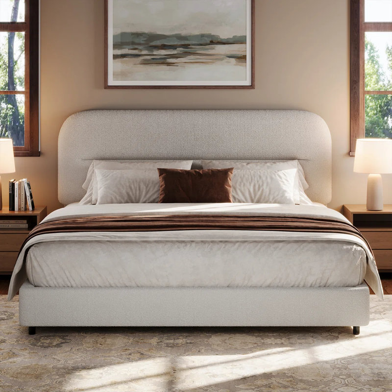 Modern Boucle Upholstered Curved Bed with 2-Piece Farmhouse Nightstand Set-3-Piece Bedroom Suite, Full, White
