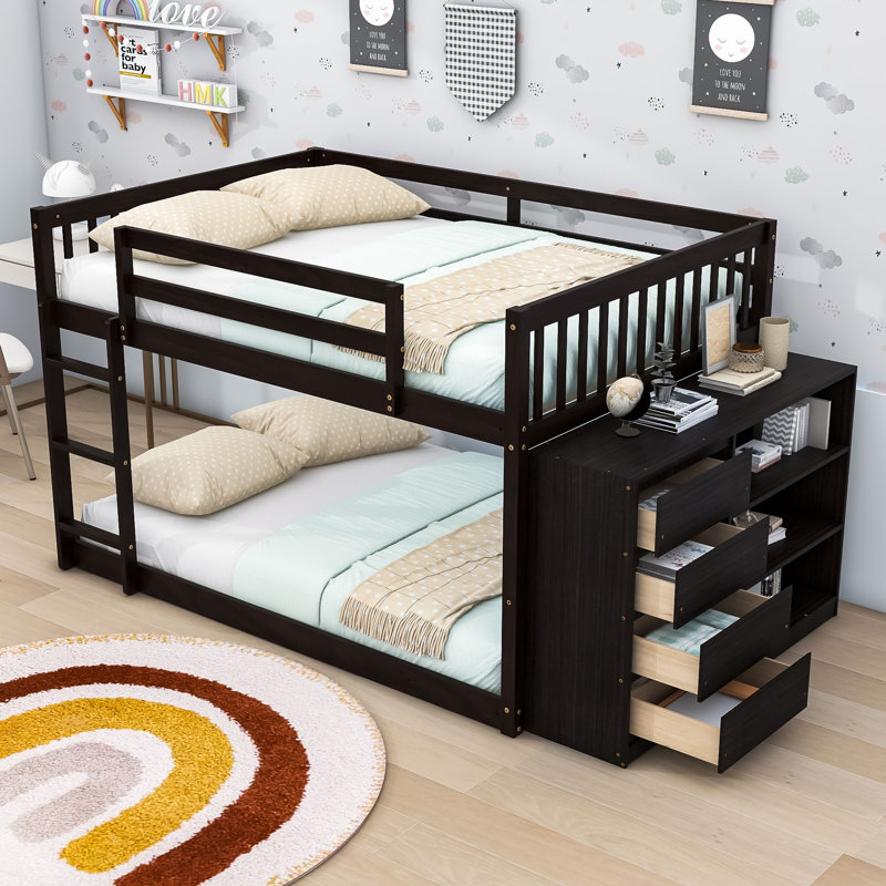 4 Drawers Wood Bunk Bed With Shelves, Full, Espresso