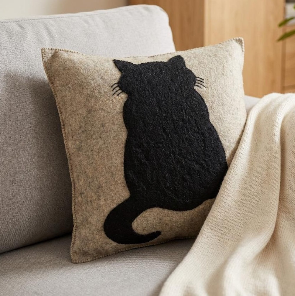 Handmade Pillow in Hand Felted Wool - Cat on Gray - 20" Arcadia Home