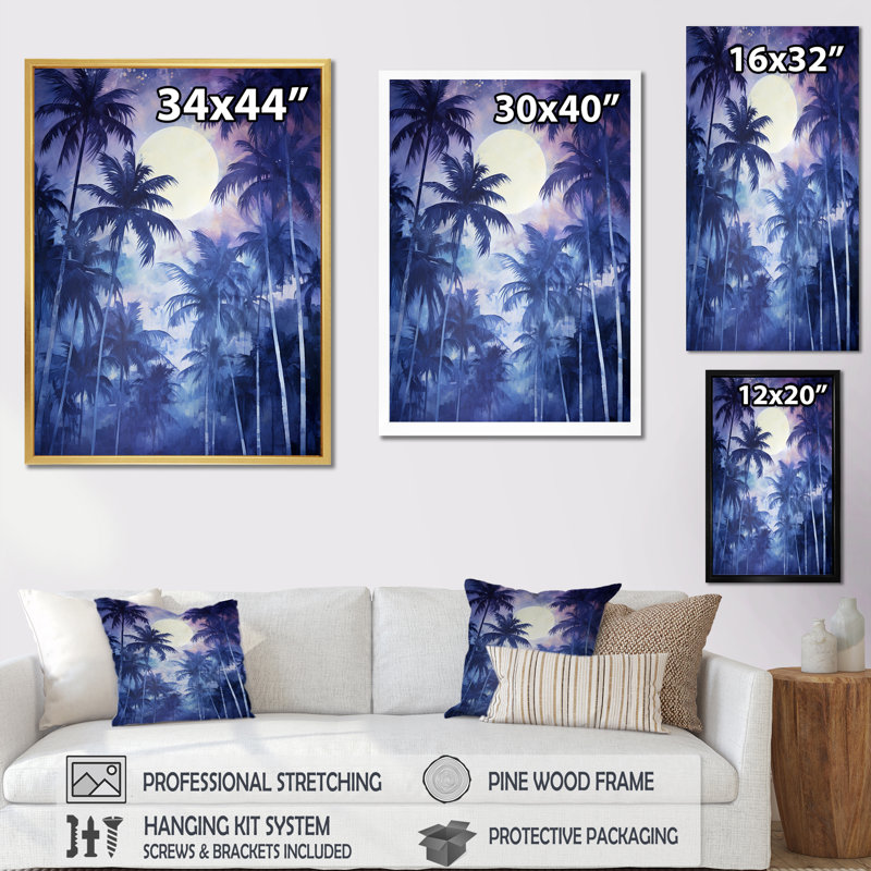 «Indigo Mystical Plam Tree Magic Impressions II», reproduction sur toile, Cadre flottant noir, H 40 po x l 30 po x P 1,5 po