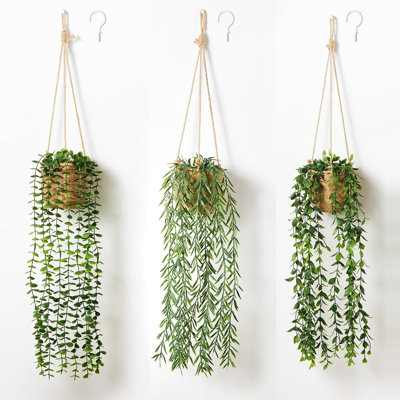 3 Pack Artificial Hanging Plants in Boho Handwoven Baskets for Living Room