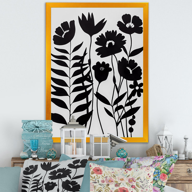 Fleurs noires et blanches II, L 12 po x H 20 po, Impression dorée sur toile encadrée