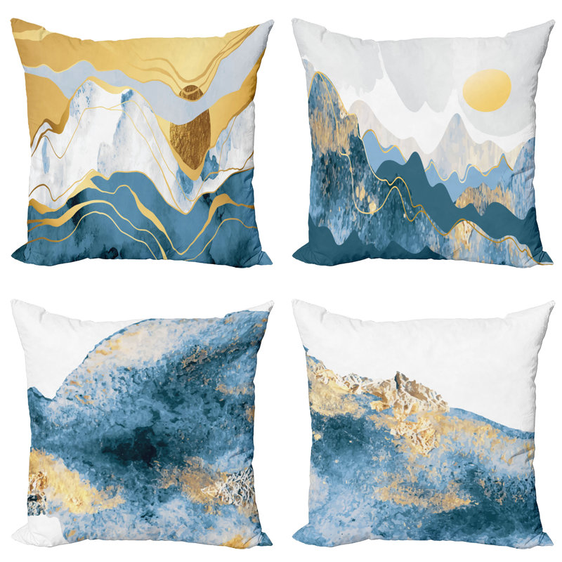 Housse de coussin Minden, 18 po x 18 po, Moutarde / bleu mer