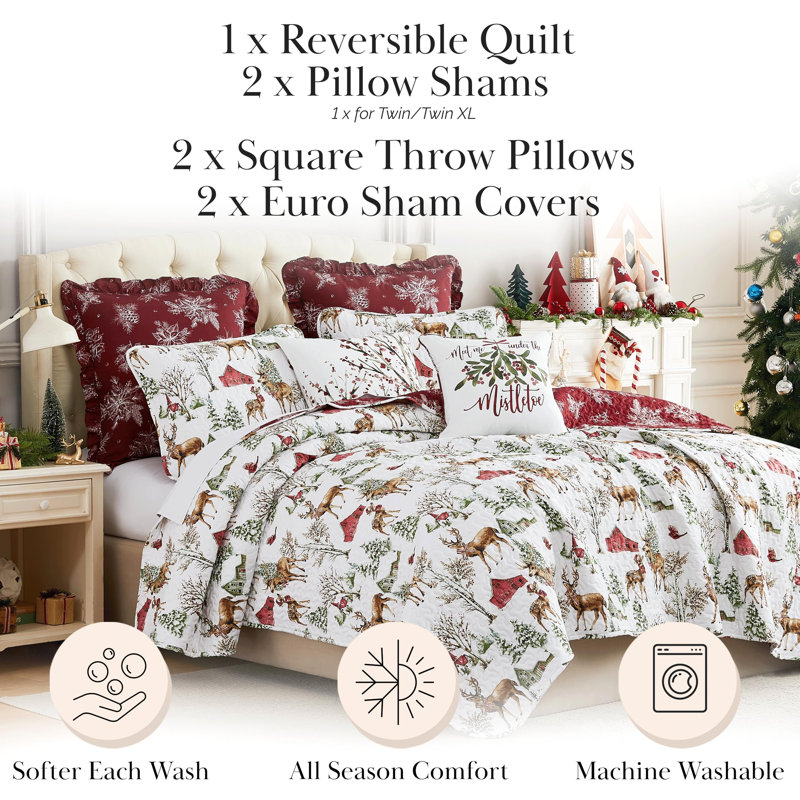 Southshore Fine Linens White Christmas Reversible Quilt Bedding Set, 7-Piece with 1 Quilt, 2 Standard Shams, 2 Euro Shams, 1 Throw Pillow and 1 Pillow Cover, Full/Queen