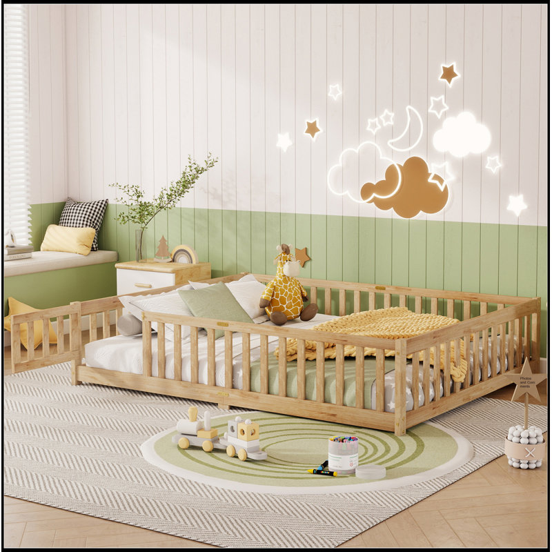 Queen Size Floor Bed With Fence,Door,Rubber Wood Floor Bed With Safety Guardrails,Natural (Old Sku W504P286389), Queen