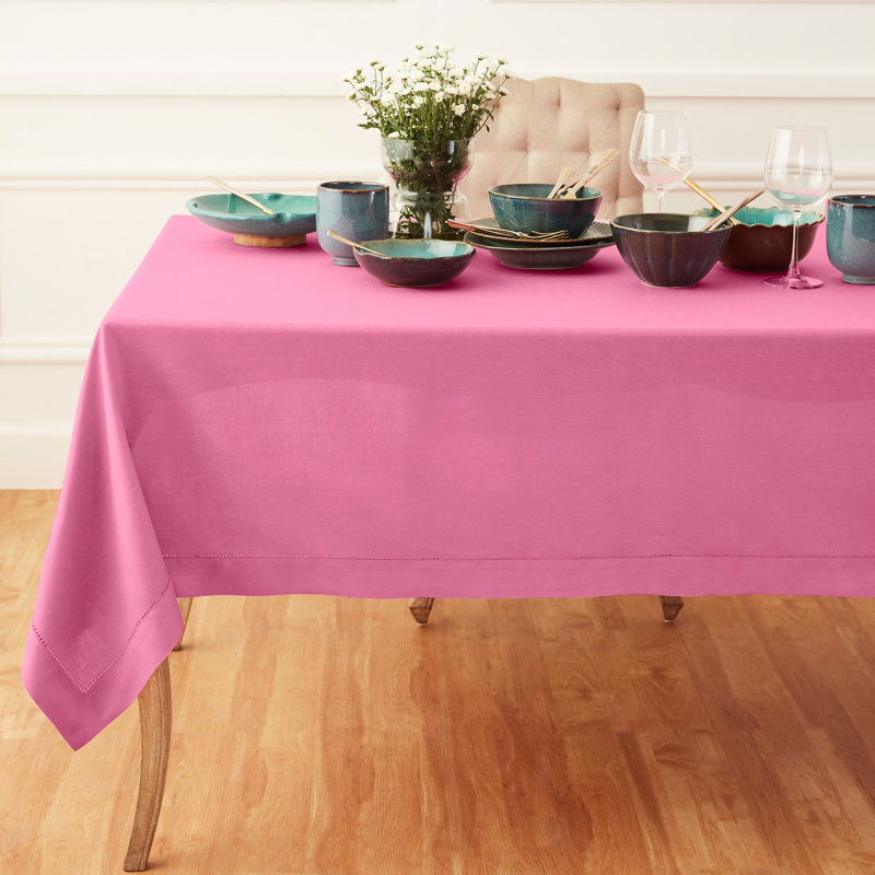 100% Pure Linen Hemstitch Table Throw - Classic Hemstitch, Flamingo Pink