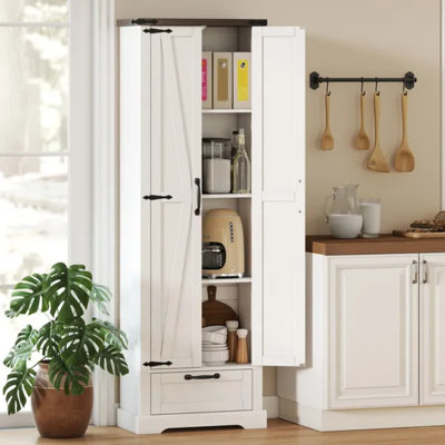 Grand garde-manger blanc de 71 pouces, armoire de rangement avec portes de grange, tiroir et tablettes réglables blanches