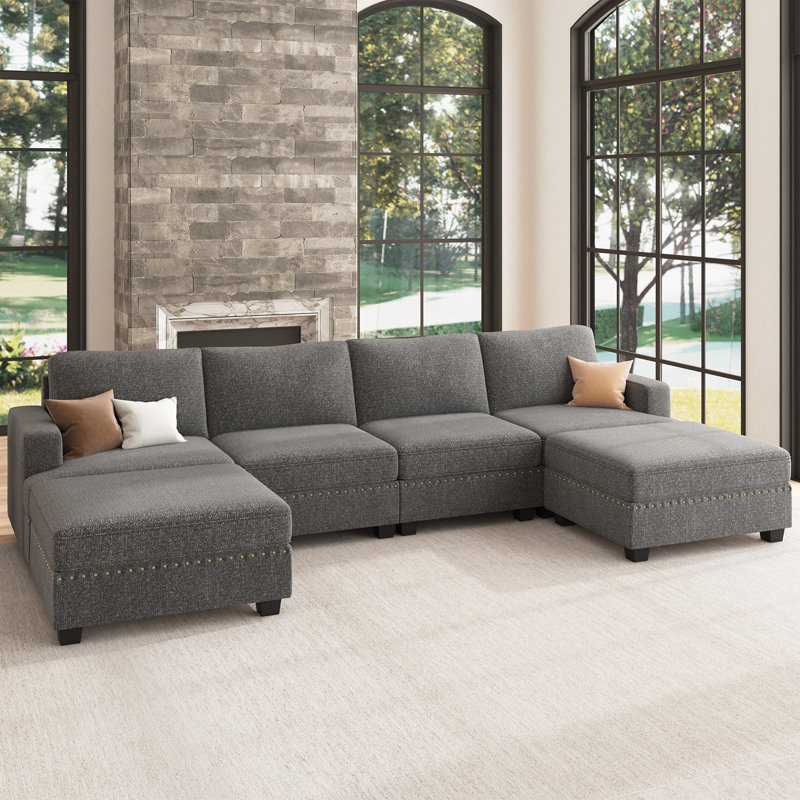 Canapé modulaire en U avec rangement Anureet, Polyester gris clair, H 35 po x l 121,4 po x P 59,9 po