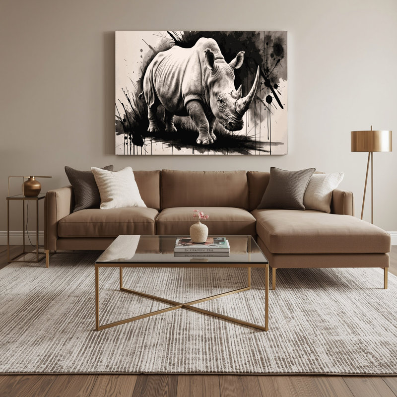 Faune, art mural sur toile gris, rhinocéros blanc, H 12 po x l 18 po