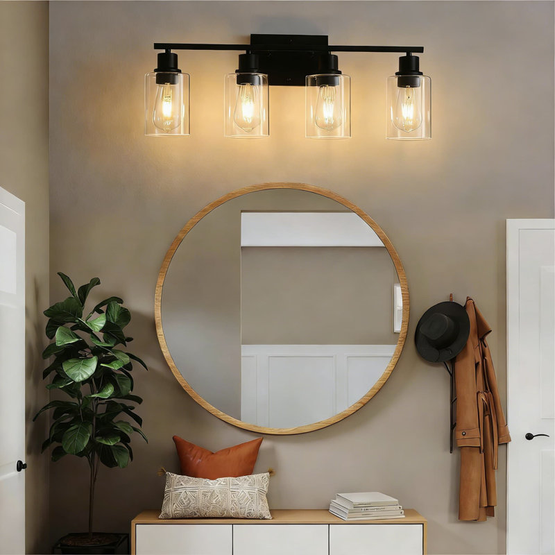 Black Vanity Light Fixture With Clear Glass, 4-Light Wall Sconce For Bathroom Mirror, Modern Farmhouse Lighting For Living Room, Bedroom, And Hallway