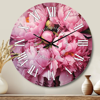 Pink Green Peony Captivating II - Floral White Face Wall Clock