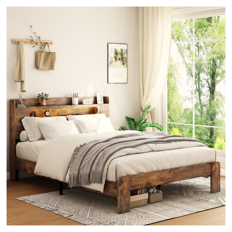 Base de lit double, base de lit plateforme en bois avec tête de lit à DEL et ports de charge USB, support de lattes en bois massif silencieux, aucun sommier requis, assemblage facile, grand rangement sous le lit, brun foncé