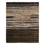 Textural Hand Knotted Silk Area Rug in Brown, Blue, Beige, Black