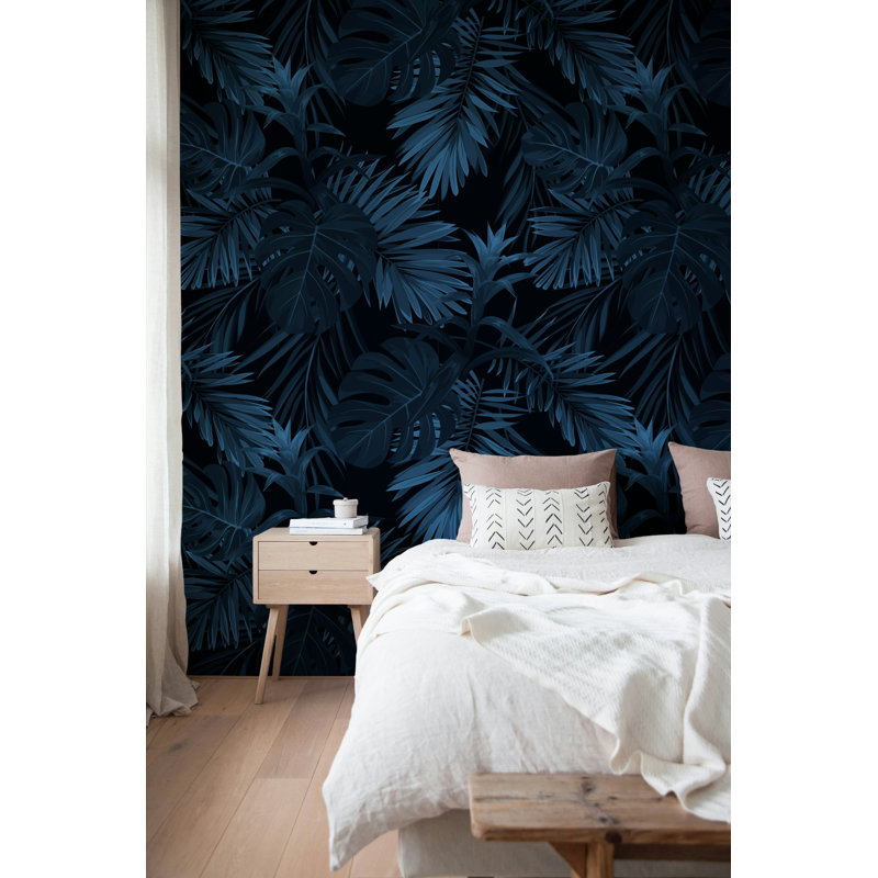Navy Tropical Palm Leaf Wallpaper on Black, 75"L x 112"W