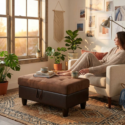 Repose-pieds de rangement rembourré avec structure en bois massif et coussin à double ressort
