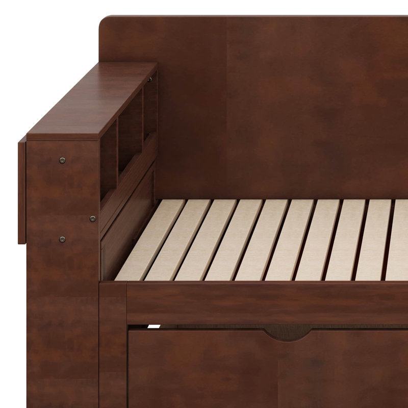 Full Size Day Bed With Removable Desk, Wooden Daybed Frame With Storage Drawers & Hydraulic Side Table, Espresso