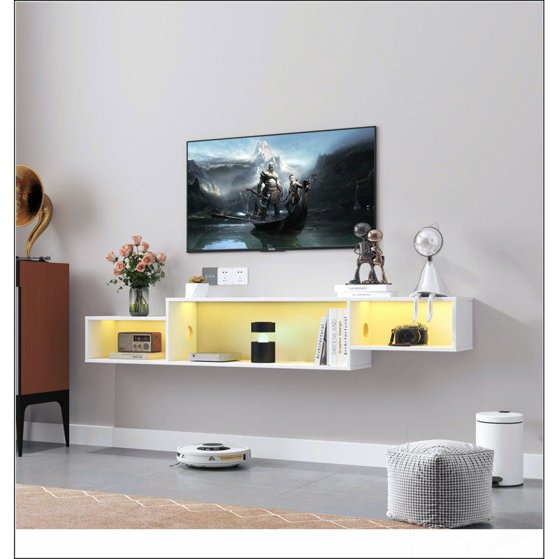 65.35in Wall Mounted Floating  TV Stand with 20 Color LEDs and Charging Station, White