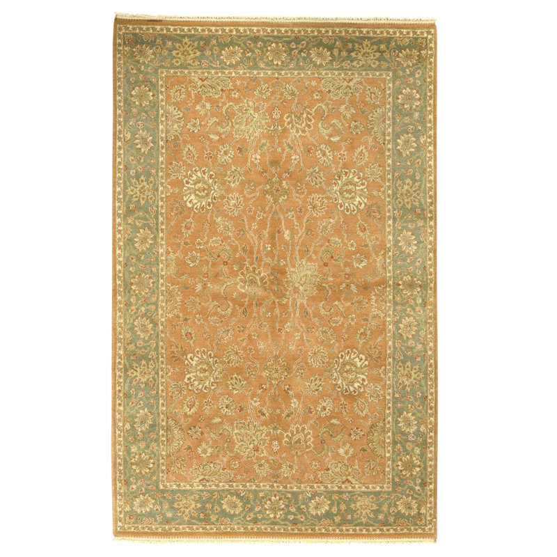 Hand Knotted Wool Oriental Area Rug in Peach And Green