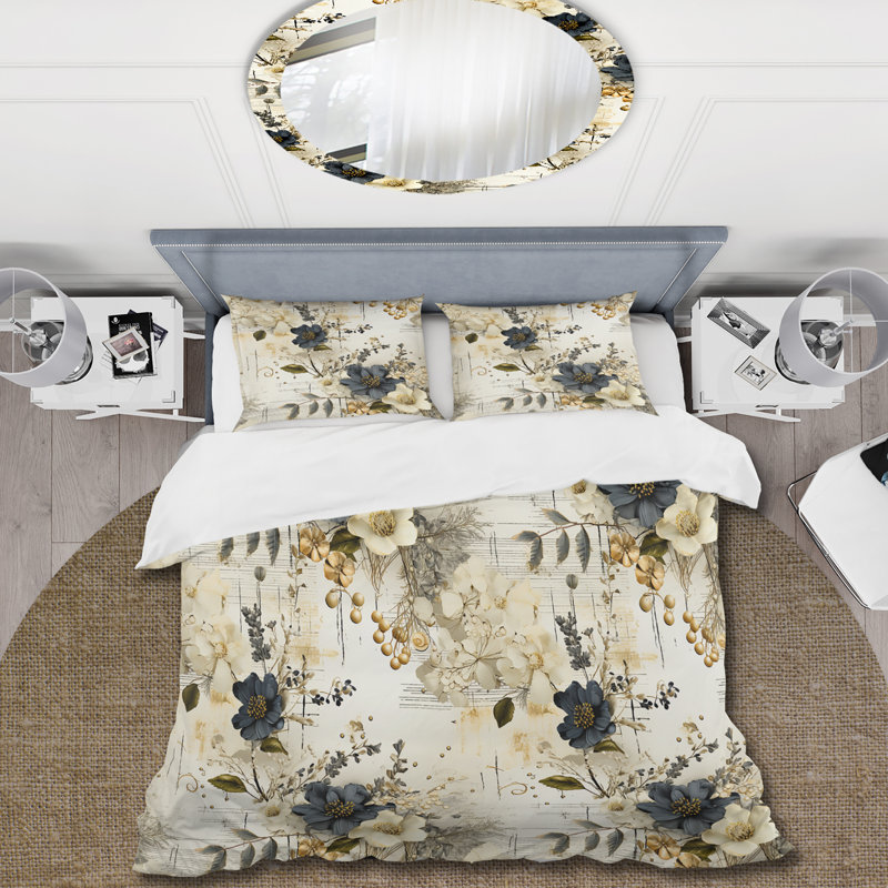 Literie à fleurs géométriques grises et beiges, Housse de couette pour grand lit et 2 taies décor