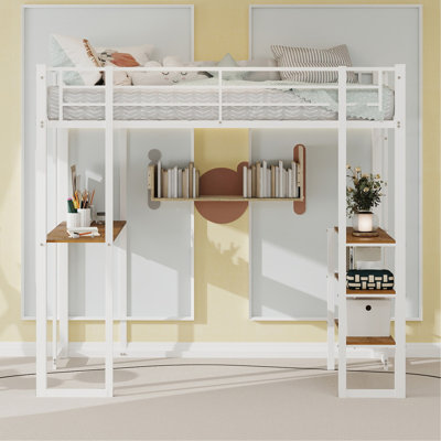 Iron Frame Bed With Bed And Table, Children'S And Youth Home Bed With L-Shaped Desk, Iron Frame Bed With Railing And Stairs, With Stairs On Both Sides Can Be Placed Anywhere