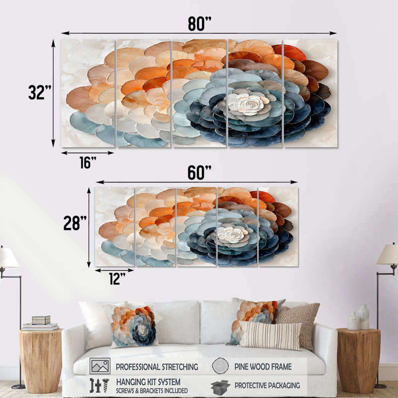 Ensemble de décorations murales spirales abstraites et pétales bleus et blancs dorés, H 28 po x l 60 po