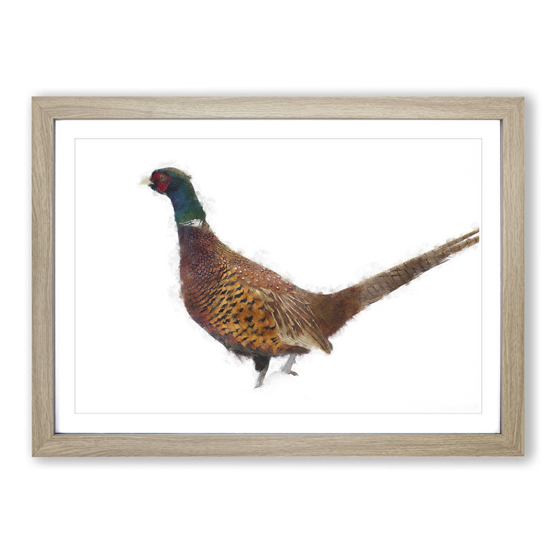Pheasant Bird in Winter - Picture Frame Graphic Art Print, Oak, 24cm H x 33cm W x 2cm D