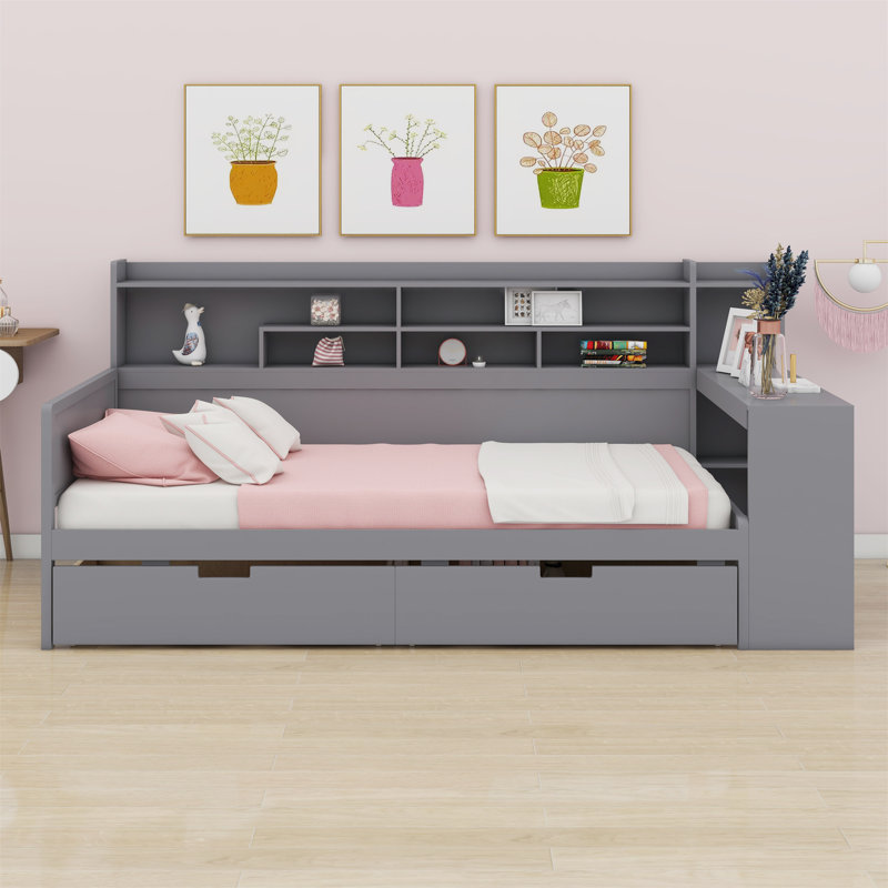 Lit de jour en bois avec tablettes de rangement, lit multifonctionnel avec deux tiroirs de rangement et bureau d'étude, Gris