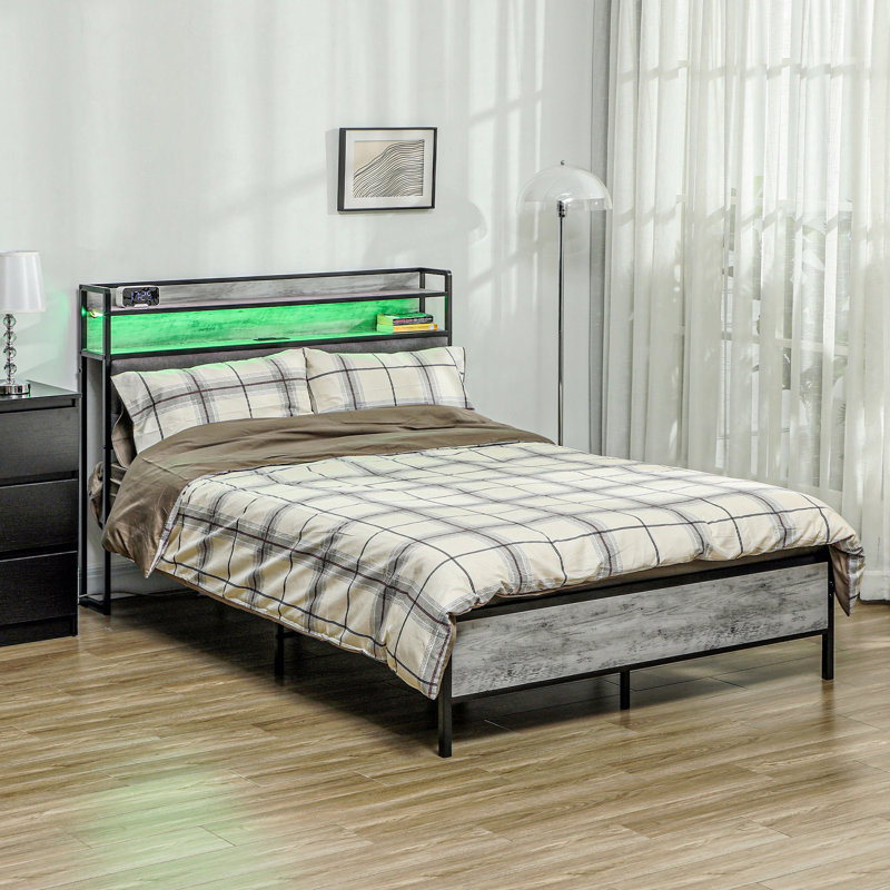 Base de lit double avec tête de lit, base de lit tapissier avec lumières DEL, station de charge, lattes en acier