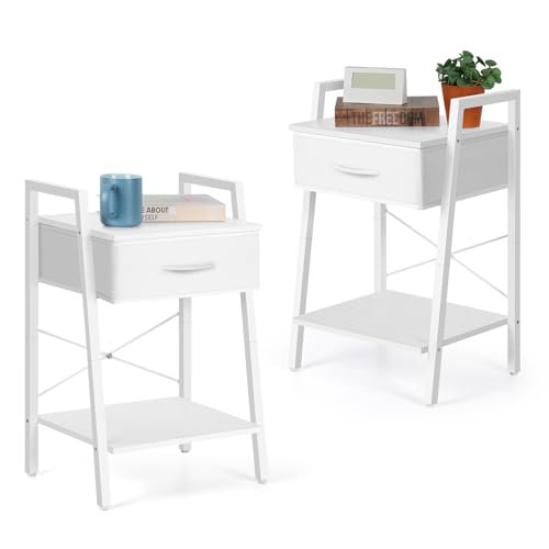 Ensemble de 2 tables d'appoint avec tiroir et tablette ouverte, table de chevet à cadre en métal avec panier de rangement, table de bout pour le salon, la chambre à coucher