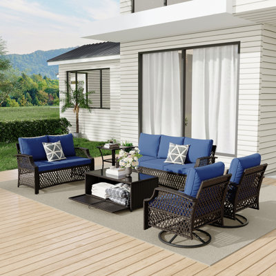 6 Piece Patio Furniture Set, Wicker Outdoor Conversation Sofa Set With Swivel Chairs, Loveseat, Storage Coffee Table